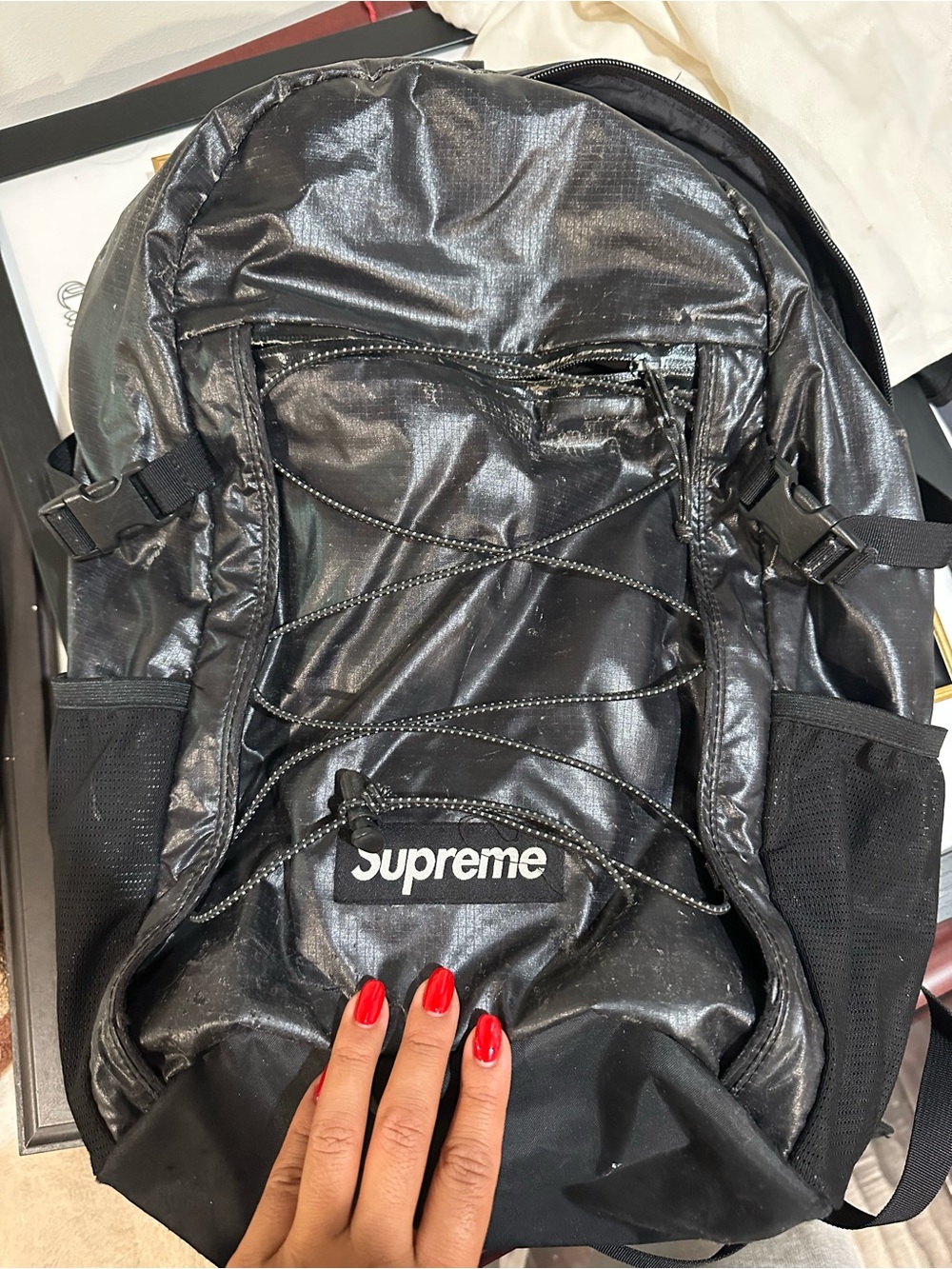 Supreme Black Shiny Backpack with Bungee Cord